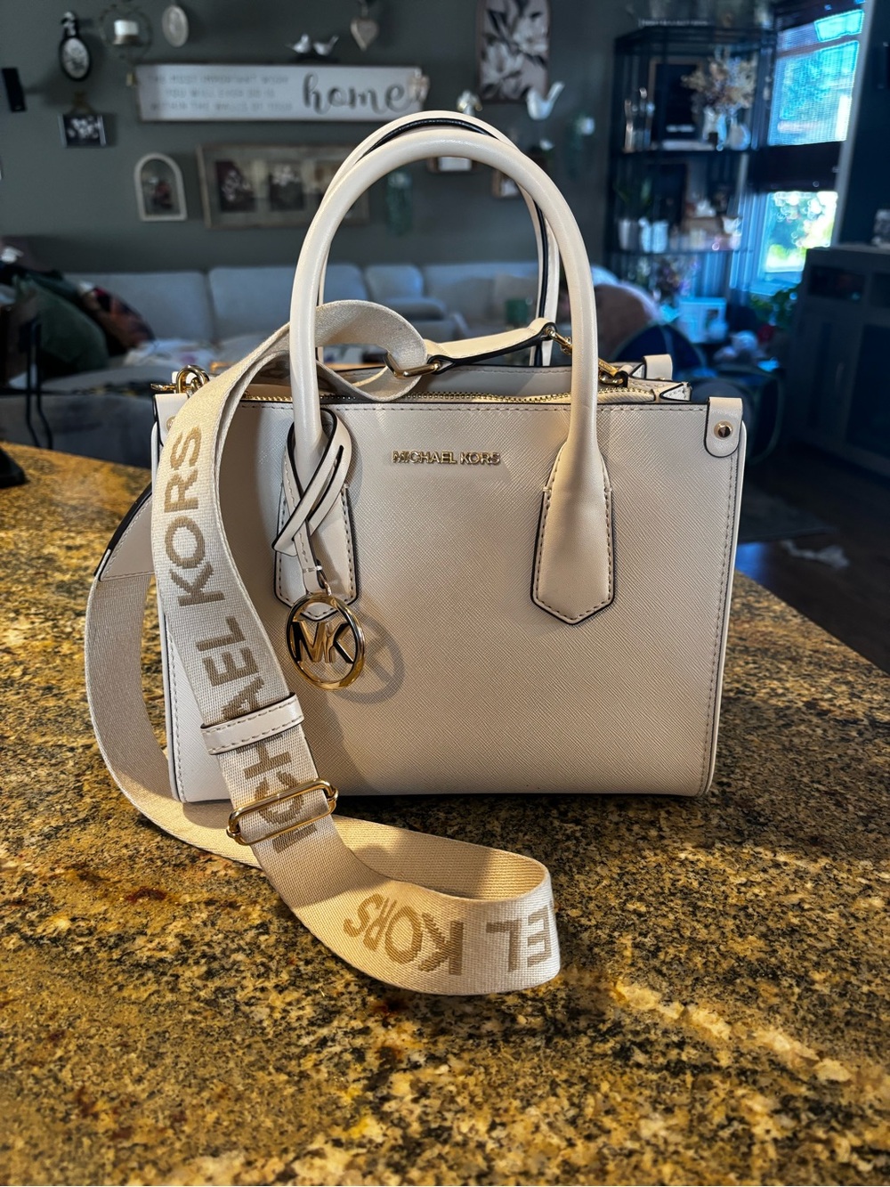 Michael Kors White Saffiano Satchel with Logo Strap